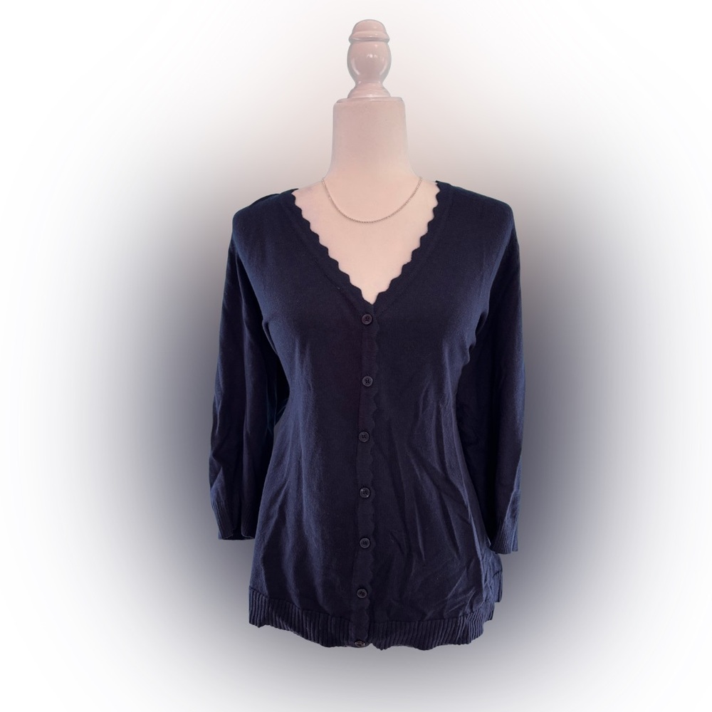 Isaac Mizrahi Live! Navy Blue Scalloped Trim Button Front Knit Cardigan Size 1X
